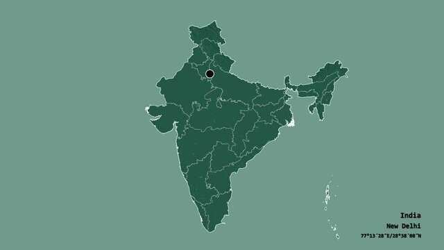 Manipur, state of India, with its capital, localized, outlined and zoomed with informative overlays on a administrative map in the Stereographic projection. Animation 3D