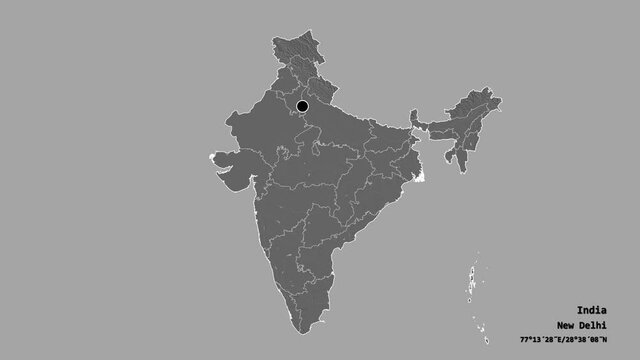 Manipur, state of India, with its capital, localized, outlined and zoomed with informative overlays on a bilevel map in the Stereographic projection. Animation 3D