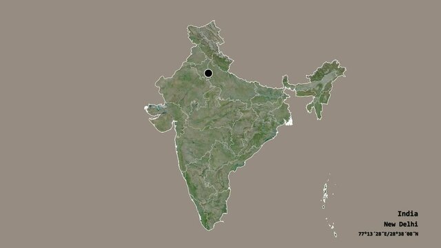 Manipur, state of India, with its capital, localized, outlined and zoomed with informative overlays on a satellite map in the Stereographic projection. Animation 3D