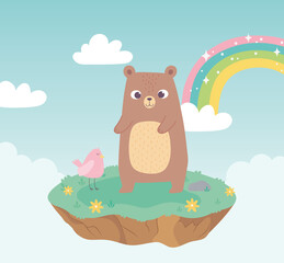 cute beard and bird animals adorable with flowers and rainbow cartoon