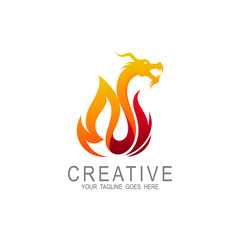 Dragon Fire Flame Logo design vector template Negative space style. Monster Strength reptile silhouette Logotype concept icon.