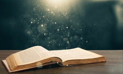 Open book on old wooden table
