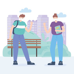 women and man keeping distance for infection risk and disease, wearing medical mask for prevent virus covid 19 coronavirus