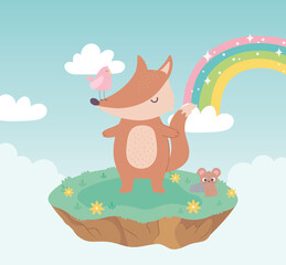 Obraz na płótnie Canvas cute fox bird and mouse animals adorable with flowers and rainbow cartoon
