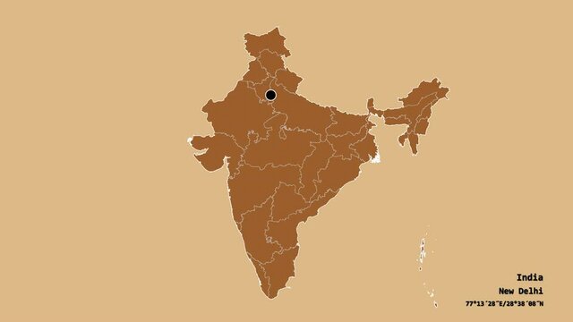 Sikkim, state of India, with its capital, localized, outlined and zoomed with informative overlays on a solid patterned map in the Stereographic projection. Animation 3D