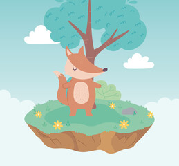 cute fox animal cartoon standing meadow tree and flowers nature