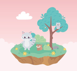 cute raccoon squirrel and owl animals cartoon standing meadow tree and flowers nature