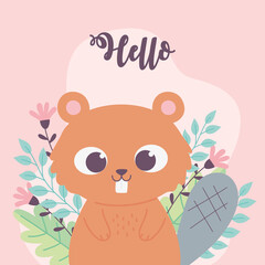 Obraz na płótnie Canvas cute beaver animal flowers branch inspirational phrase cartoon
