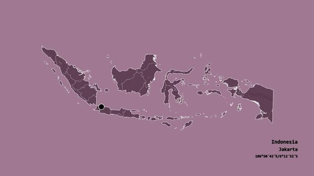 Aceh, autonomous province of Indonesia, with its capital, localized, outlined and zoomed with informative overlays on a administrative map in the Stereographic projection. Animation 3D