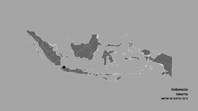 Aceh, autonomous province of Indonesia, with its capital, localized, outlined and zoomed with informative overlays on a bilevel map in the Stereographic projection. Animation 3D
