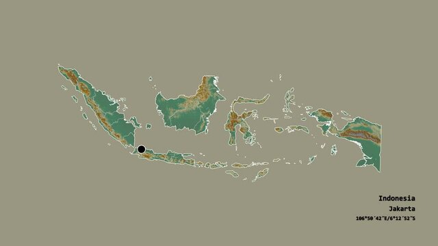 Aceh, autonomous province of Indonesia, with its capital, localized, outlined and zoomed with informative overlays on a relief map in the Stereographic projection. Animation 3D