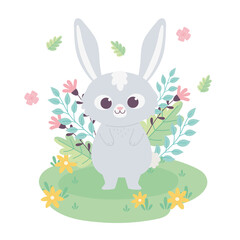 Obraz na płótnie Canvas cute little bunny cartoon animal adorable with flowers in grass