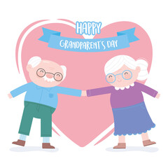 happy grandparents day, old couple holding hands in heart love cartoon card