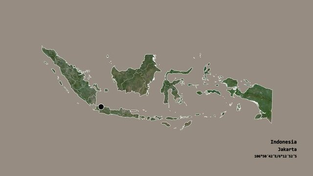 Bali, province of Indonesia, with its capital, localized, outlined and zoomed with informative overlays on a satellite map in the Stereographic projection. Animation 3D