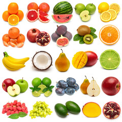 Fruit collection apple, banana, coconut, lemon, pomegranate, kiwi, plum, avocado, mango, grape, watermelon and others isolated on white background