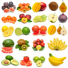 Fruit collection tangerine, kiwi, avocado, peach, apricot, apple, banana, coconut, lemon, plum, mango, grape, watermelon and others isolated on white background