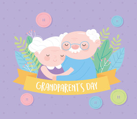 happy grandparents day, grandma and grandpa hugged character cartoon flowers ribbon card