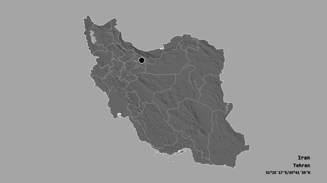 Ardebil, province of Iran, with its capital, localized, outlined and zoomed with informative overlays on a bilevel map in the Stereographic projection. Animation 3D