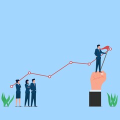 Man stand on edge of chart with flag metaphor of success and profit. Business flat vector concept illustration.