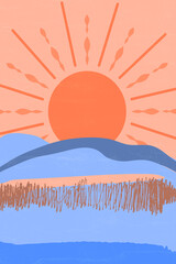 Sun and Landscape 70s style illustration perfect for wall art, wall decals, or as canvas prints - 365368934
