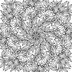 flowers and leaves in folk style drawn on a white background for coloring, vector