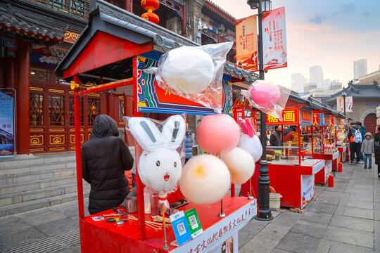 Tianjin, China - Jan 16 2020: Unidentified People With Street Vendors At Guwenhua Jie Pedestrian Pathway  In Nankai District