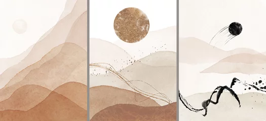 Abstrakte Arrangements. Landschaften, Berge. Plakate. Terrakotta, Rouge, Rosa, Elfenbein, beige Aquarellillustration und Goldelemente, auf weißem Hintergrund. Modernes Druckset. Wandkunst. Visitenkarte. © Veris Studio