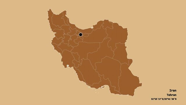 Hormozgan, province of Iran, with its capital, localized, outlined and zoomed with informative overlays on a solid patterned map in the Stereographic projection. Animation 3D