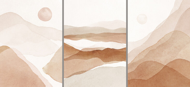 Abstract Arrangements. Landscapes, mountains. Posters. Terracotta, blush, pink, ivory, beige watercolor Illustration and gold elements, on white background. Modern print set. Wall art. Business card.