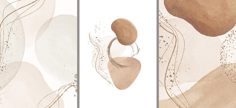 Abstract Arrangements. Posters. Terracotta, blush, pink, ivory, beige watercolor Illustration and gold elements, on white background. Modern print set. Logo. Wall art. Business card.