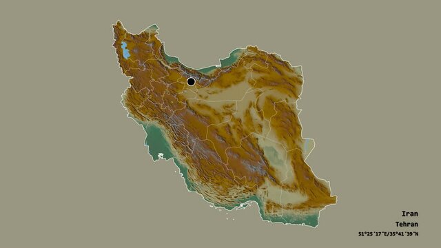 Hormozgan, province of Iran, with its capital, localized, outlined and zoomed with informative overlays on a relief map in the Stereographic projection. Animation 3D