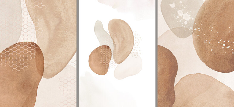 Abstract Arrangements. Posters. Terracotta, blush, pink, ivory, beige, watercolor Illustration and gold elements, on white background. Modern print set. Logo. Wall art. Business card.