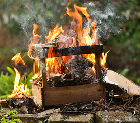 Fire burning wood & box