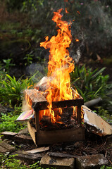 Fire burning wood & box