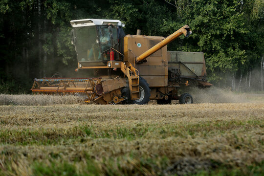 Wilamowice,Poland - July 15, 2020 : Harvest in Poland. Bizon ZO56 harvester