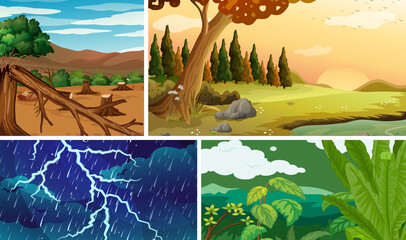 Four different natural disaster scenes of forest cartoon style