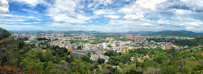 Panoramic view landscape at Khao Rang Viewpoint of Phuket city in daylight, Phuket province, Thailand