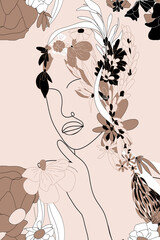 Female Face line art with flowers. Line art with floral heads - 365371154