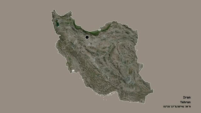 Markazi, province of Iran, with its capital, localized, outlined and zoomed with informative overlays on a satellite map in the Stereographic projection. Animation 3D