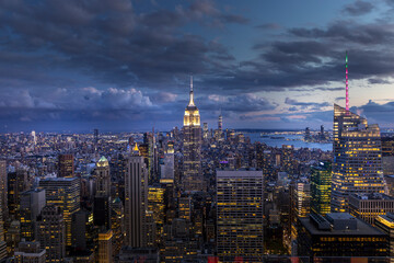 Manhattan Midtown Skyline with Empire State Building and One World Trade Center at Sunset. NYC, USA