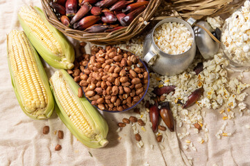 Obraz premium Typical food from the Brazilian June festivities with popcorn, pine nuts, green corn and peanuts
