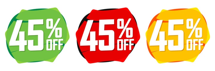 Set Sale 45% off bubble banners, discount tags design template, today offers, vector illustration