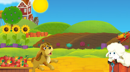 cartoon farm ranch scene with rural wooden house - illustration