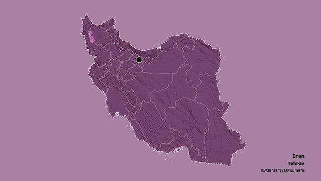 Semnan, province of Iran, with its capital, localized, outlined and zoomed with informative overlays on a administrative map in the Stereographic projection. Animation 3D