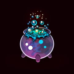 Vector game icon. A witch's cauldron of boiling bright blue potion. Isolated object on a black background. Interface element, GUI. Magic rite, foaming elixir, divination, witchcraft, fantasy world.