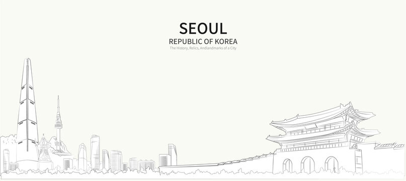 Seoul cityscape line vector. sketch style south korea landmark illustration 