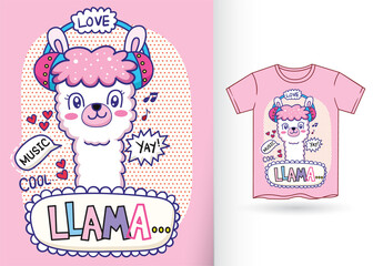 Cute llama cartoon illustration for t shirt