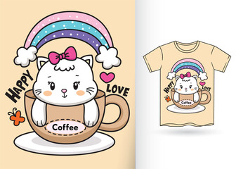 Cute hand drawn little cat for t shirt