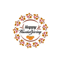 Happy thanksgiving day with autumn leaves. Hand drawn text lettering for Thanksgiving Day