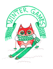 graphic color image of a cat in a knitted scarf on skis under a banner that reads the winter games